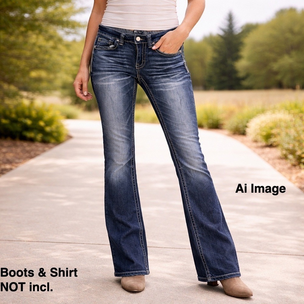 Buckle Black Bootcut Jeans Women 30R Dark‎ Wash Thick Stitch Stretch Denim Y2K